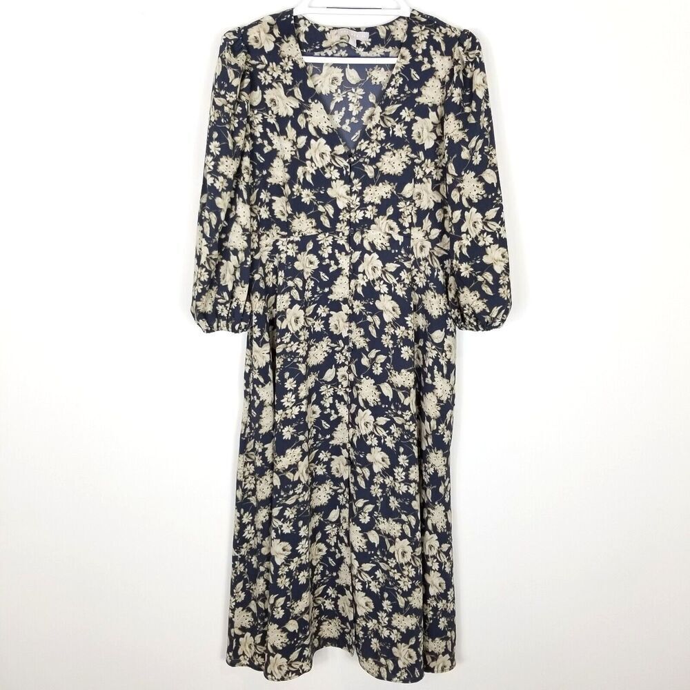 Chelsea B Women Floral Maxi Dress Sz L Button Front Beige‎ Vintage Rose